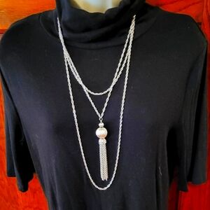 Vintage Trifari Crown Mark Triple Strand Tassel Silvertone Necklace